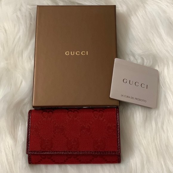 GUCCI Signature Red Canvas Leather Trifold Key Ring Wallet - Picture 1 of 5